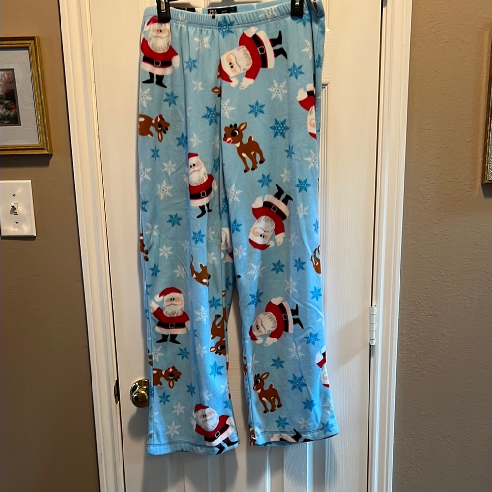 Santa & Rudolph Blue and Red Festive Pajama Bottoms with Cozy Fleece Material
